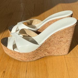 Jimmy Choo Pandora White Patent Leather Cork Wedge Slide size 38